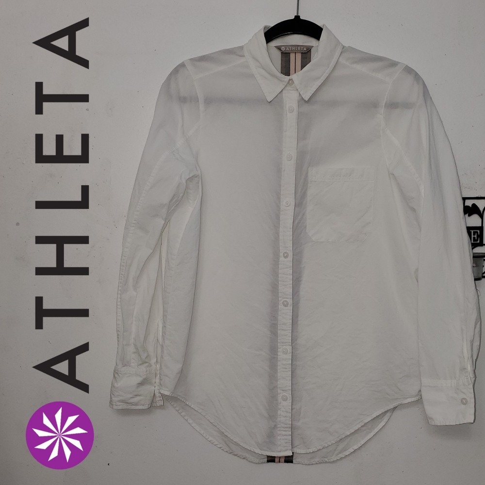 Athleta Marinwood Button Down White Shirt Back Stripe Long Sleeve Blouse